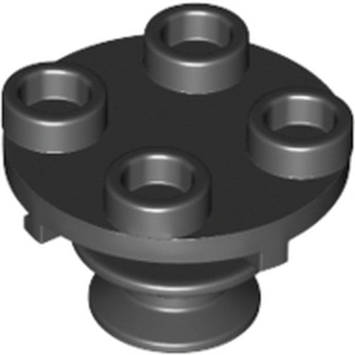 Dark grey LEGO round 2x2 thin plate with four studs on top and a rotation stem underneath.