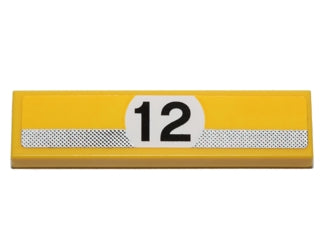 Yellow LEGO 1x4 tile 2431pb0401 with silver stripe, black dots, and a white circle with black '12' number.