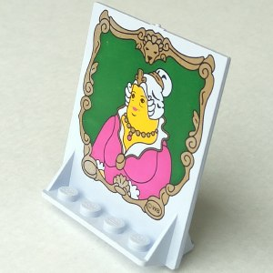 White LEGO 40249px2 swivel door/panel with a bracket base, featuring a colorful portrait of The Fat Lady from Harry Potter in a gold frame.