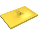 A yellow LEGO 4025 Train Bogie Plate, a 6x4 tile modified with a single 5mm pin in the center.