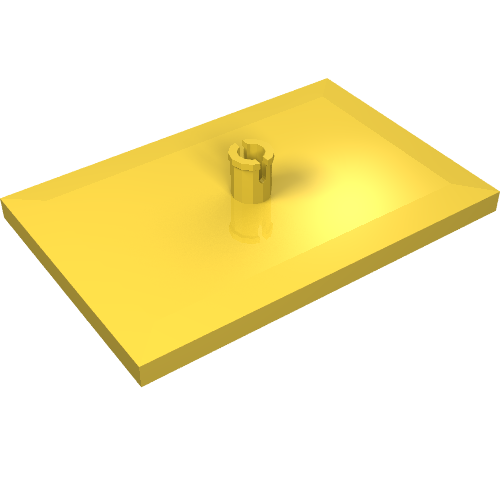 A yellow LEGO 4025 Train Bogie Plate, a 6x4 tile modified with a single 5mm pin in the center.
