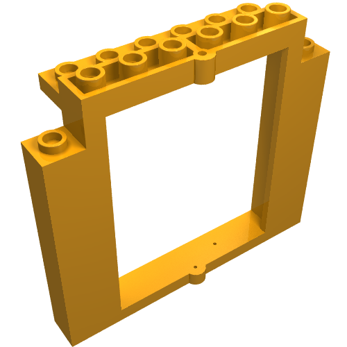 Yellow LEGO Door Frame 2x8x6 with studs on top and side posts, and small pins for swivel function on top and bottom.
