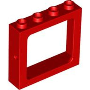 Red LEGO 4033 Window 1x4x3 Train frame piece with four hollow studs on top.