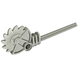 Grey LEGO Bionicle weapon with a long axle, circular saw blade, worm gear, and a pin hole.