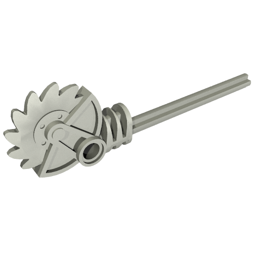 Grey LEGO Bionicle weapon with a long axle, circular saw blade, worm gear, and a pin hole.