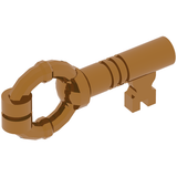 A brown LEGO key utensil for minifigures, featuring a rounded bow and a simple bit with notches.