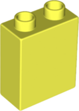 Bright yellow LEGO Duplo brick, 1x2x2, with two studs visible on its top surface.