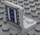Light gray LEGO 2x2 seat/chair part with a sticker showing screws, spikes, and a dark azure electrical energy pattern.