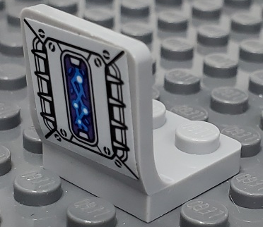 Light gray LEGO 2x2 seat/chair part with a sticker showing screws, spikes, and a dark azure electrical energy pattern.