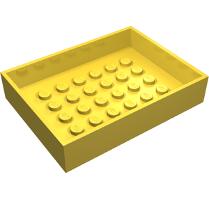 Yellow LEGO container box bottom, part 4082, measuring 6x8 studs with raised walls and inner stud surface.