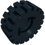 A dark grey LEGO tire (21mm D. x 9mm) with an offset, segmented tread pattern and a detailed inner hub.