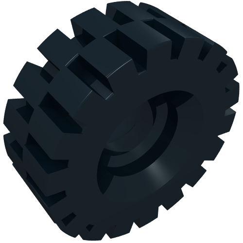A dark grey LEGO tire (21mm D. x 9mm) with an offset, segmented tread pattern and a detailed inner hub.