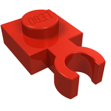 Red LEGO 1x1 plate with an open O clip and LEGO logo on the stud.