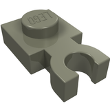 Dark grey LEGO Plate, Modified 1 x 1 with U Clip Thick (Vertical Grip), showing the top stud with LEGO logo.