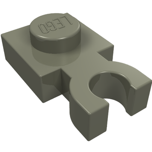 Dark grey LEGO Plate, Modified 1 x 1 with U Clip Thick (Vertical Grip), showing the top stud with LEGO logo.
