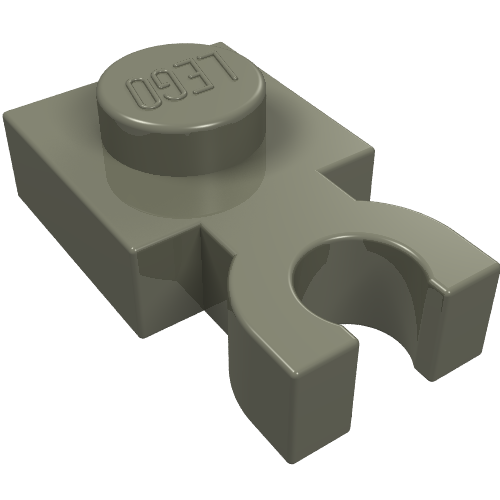 Dark grey LEGO Plate, Modified 1 x 1 with U Clip Thick (Vertical Grip), showing the top stud with LEGO logo.