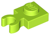 A single lime green LEGO 4085d plate, modified 1x1, with an open O clip thick (vertical grip) on a white background.