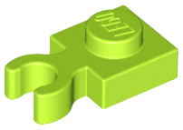 A single lime green LEGO 4085d plate, modified 1x1, with an open O clip thick (vertical grip) on a white background.