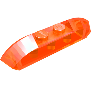 Transparent orange LEGO 4x1 curved double slope brick with two recessed studs, angled view.