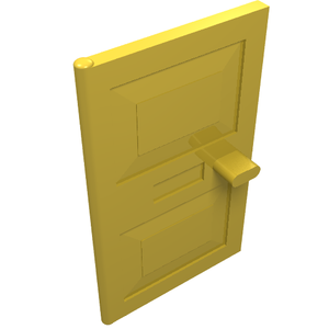Yellow LEGO door piece 1x4x5 with handle and panel details, viewed from an angle against a white background.