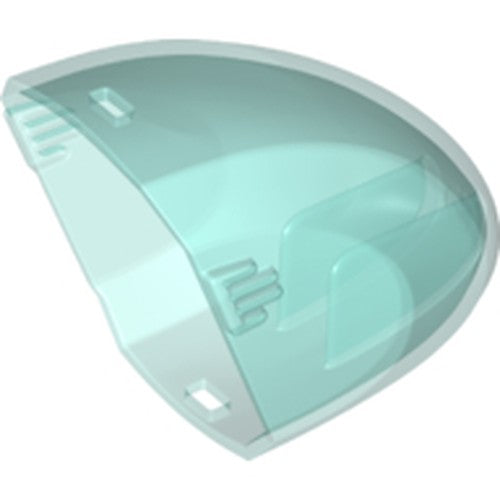 Translucent aqua LEGO windscreen, curved and clear, designed for a flying model helicopter, with interior attachment points.