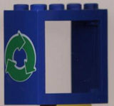 Blue LEGO Duplo window brick, 2x4x3, with an open frame and a green recycling arrows pattern on the solid side.