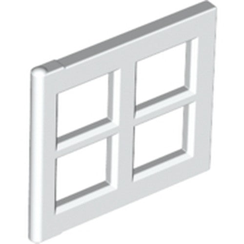 White LEGO window pane, part 4133, a 2x4x3 element with a 2x2 grid, shown from an angle.