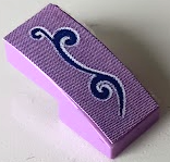 Light purple LEGO 2x1x2/3 curved slope with dark purple scrollwork and white outline, left side pattern.