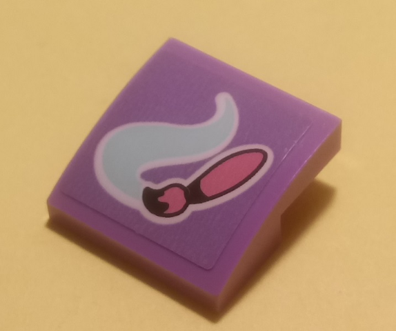 Purple LEGO curved slope with bright pink paintbrush and light aqua paint swirl sticker.
