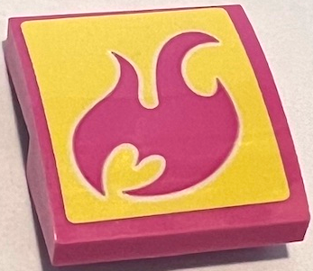 Dark pink curved LEGO slope with a bright light yellow top featuring a dark pink flame design.