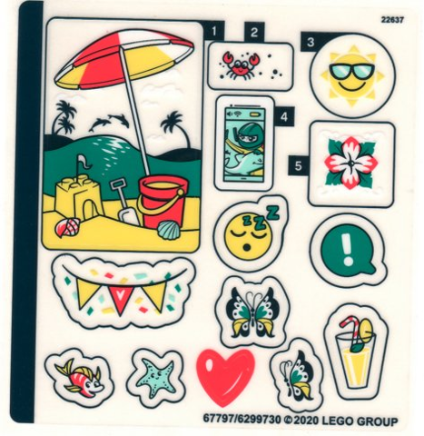Sticker sheet for LEGO 41412: beach scene, sandcastle, umbrella, crab, sun, flower, butterflies, emojis, drink.