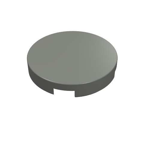 Gray LEGO Tile, Round 2 x 2 (4150) with two notches on its side, viewed from an angle.