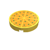 A round LEGO 2x2 tile with a pizza pattern, featuring orange slices with green dots on a yellow base.