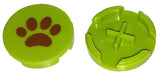 LEGO 4150pb084, a round 2x2 lime green tile with reddish brown paw print pattern, shown from top and bottom.