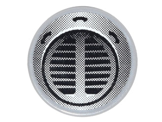 Round 2x2 LEGO tile with a sticker showing a black and white halftone grille and three notches pattern.