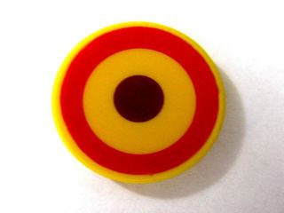 LEGO 4150pb140 Tile, Round 2 x 2, featuring a roundel pattern with yellow, red circle, and reddish brown dot.
