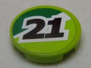 Lime green round LEGO 2x2 tile with a green sticker featuring a black number 21 outlined in white.