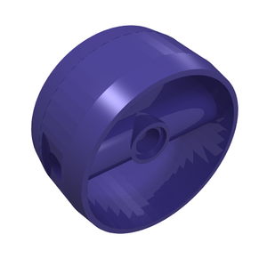 Dark purple LEGO Cylinder 4x4x1 2/3 with pin holes and center bar, showing internal structure and jagged teeth.