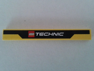 LEGO 1x8 yellow tile with black stripe and white LEGO Technic logo