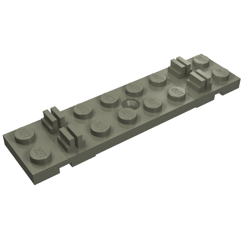 Dark gray LEGO 4166 Train Track Sleeper Plate 2x8 with cable grooves, studs, and a central opening.
