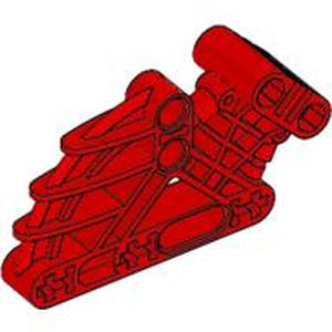 Red LEGO Bionicle Bohrok Rib Cage part, Liftarm 2 x 4 x 7 Angled, on a white background.