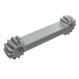 Light grey LEGO Technic Arm 1x7 with 9 Tooth Double Bevel Gears at both ends, viewed from an angle.