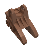 Brown LEGO Bionicle foot part with ball joint sockets, 2x3x5 dimensions, featuring an open claw-like front.