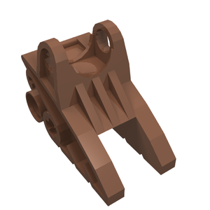 Brown LEGO Bionicle foot part with ball joint sockets, 2x3x5 dimensions, featuring an open claw-like front.