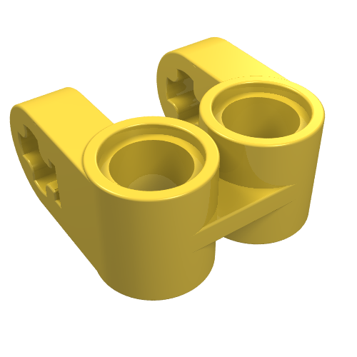 A yellow LEGO Technic Axle and Pin Connector Perpendicular Double Split, showing its two pinholes and split axle ends.