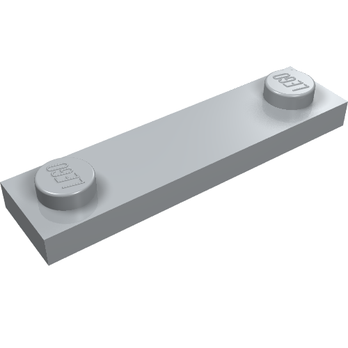 A light gray LEGO 1x4 plate with two studs and a groove, featuring the LEGO logo on the studs.
