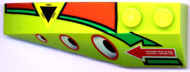 Lime green LEGO 6x2 left wedge brick with orange, green, HMD triangle, 3 oval eyes, and a red arrow with binary text.