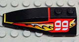 LEGO 41748pb014 black 6x2 left wedge with white '99' on red background and yellow flame pattern.