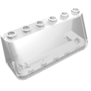 Transparent white LEGO 4176 Windscreen 2 x 6 x 2 element, angled with five studs on top, showing internal details.