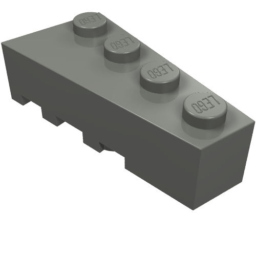 A dark gray LEGO 4x2 right wedge plate with four studs on its angled top surface. The studs feature 'LEGO' branding.